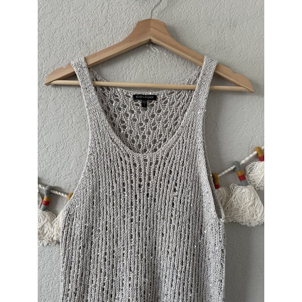 Eileen Fisher Sequin Open Knit Sleeveless Cami Tank Top Coastal Boho Beachy L - Picture 2 of 8